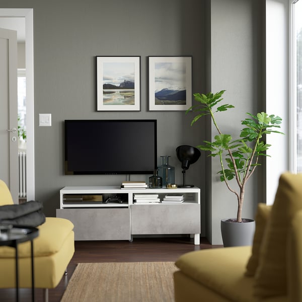 BESTÅ - BESTÅ TV bench with drawers, white/Kallviken/Stubbarp light grey, 120x42x48 cm