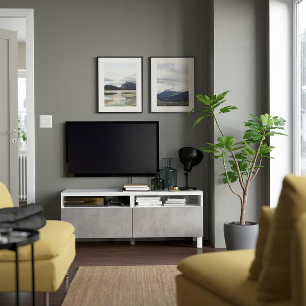 BESTÅ - BESTÅ TV bench with drawers, white/Kallviken/Stubbarp light grey, 120x42x48 cm