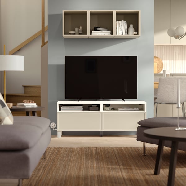 BESTÅ TV cabinet with drawers, white/Krukmakare beige, 120x42x48 cm