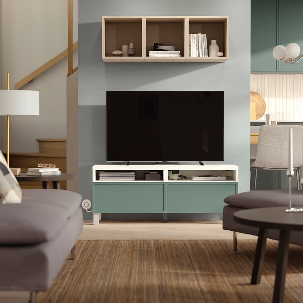 BESTÅ TV cabinet with drawers, white/Krukmakare dark gray-green, 120x42x48 cm