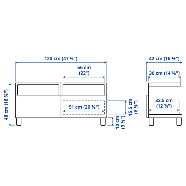 BESTÅ - BESTÅ TV bench with drawers, white/Lappviken/Stubbarp white, 120x42x48 cm