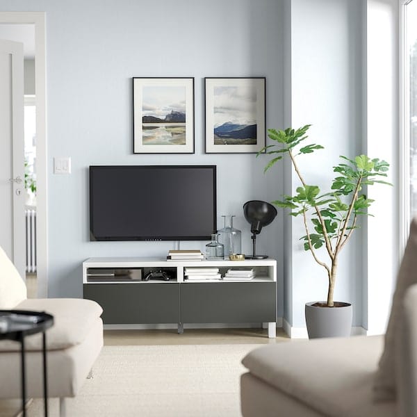 Ikea BESTÅ - TV bench with drawers, white/Lappviken/Stubbarp dark grey, 120x42x48 cm