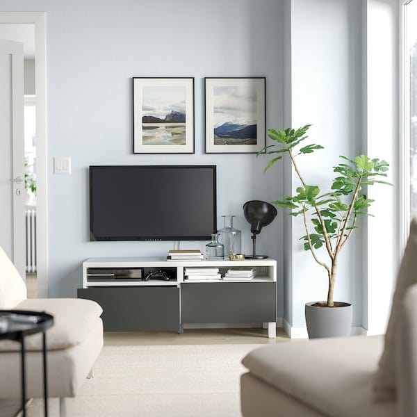 Ikea BESTÅ - TV bench with drawers, white/Lappviken/Stubbarp dark grey, 120x42x48 cm