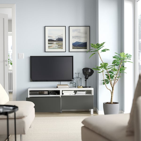 BESTÅ - BESTÅ TV bench with drawers, white/Lappviken/Stubbarp dark grey, 120x42x48 cm