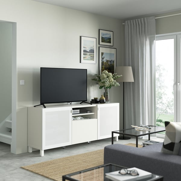 BESTÅ TV bench with drawers, white Mörtviken/Lappviken/Stubbarp white, 180x42x74 cm