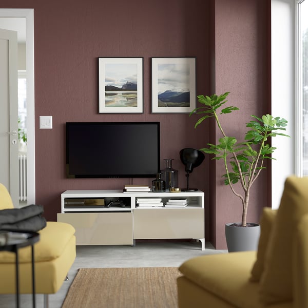 BESTÅ TV bench with drawers, white/Selsviken high-gloss/beige, 120x42x48 cm