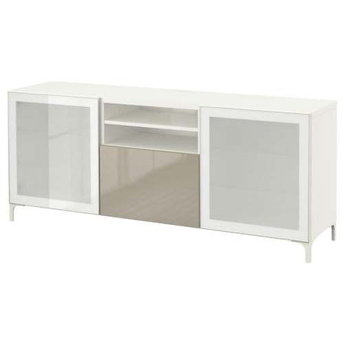BESTÅ TV bench with drawers, white/Selsviken/Nannarp high-gloss/beige frosted glass, 180x74x42 cm