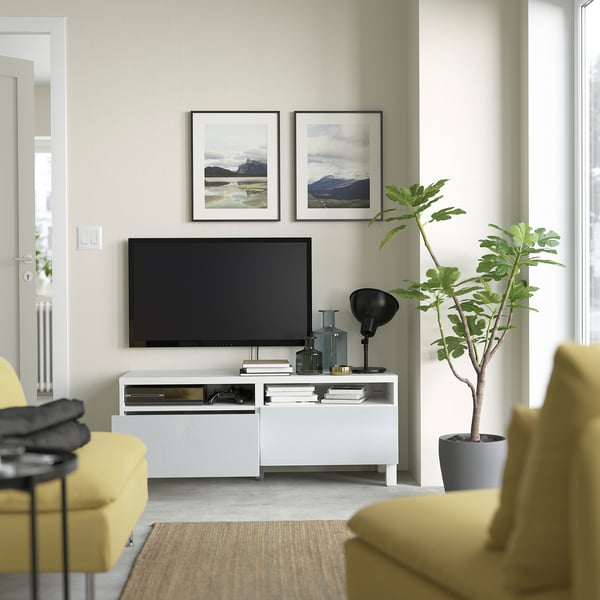 BESTÅ - BESTÅ TV bench with drawers, white/Selsviken/Stubbarp light grey-blue, 120x42x48 cm