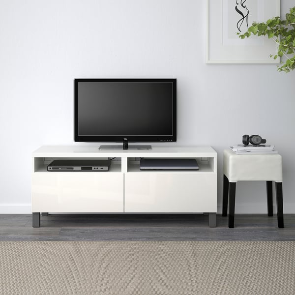 BESTÅ - BESTÅ TV bench with drawers, white/Selsviken/Stubbarp dark grey, 120x42x48 cm