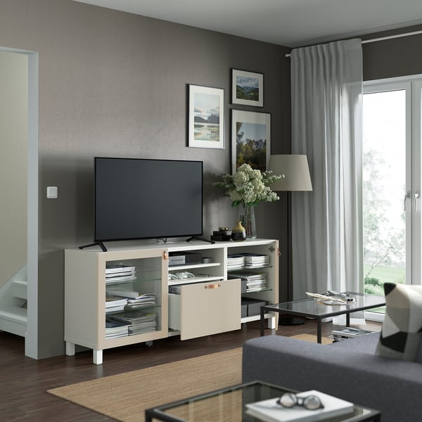 BESTÅ - BESTÅ TV bench with drawers, white Sindvik/Lappviken/Stubbarp light grey/beige, 180x42x74 cm