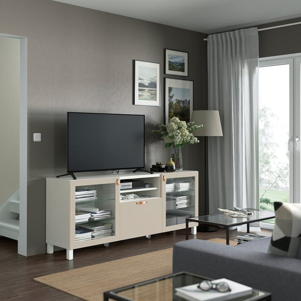 BESTÅ - BESTÅ TV bench with drawers, white Sindvik/Lappviken/Stubbarp light grey/beige, 180x42x74 cm