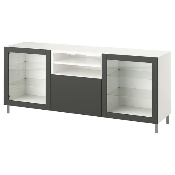 BESTÅ - BESTÅ TV bench with drawers, white Sindvik/Lappviken/Stubbarp dark grey, 180x42x74 cm