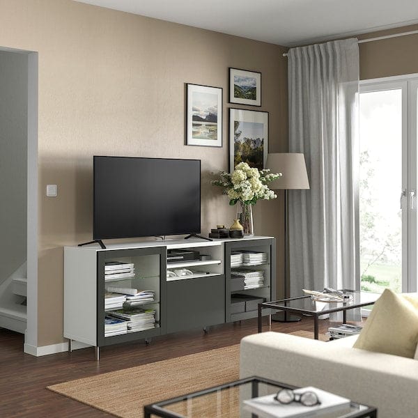 Ikea BESTÅ - TV bench with drawers, white Sindvik/Lappviken/Stubbarp dark grey, 180x42x74 cm