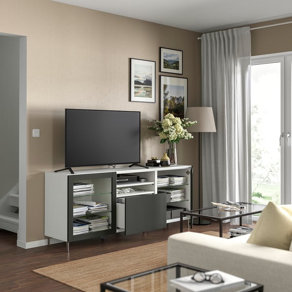 BESTÅ - BESTÅ TV bench with drawers, white Sindvik/Lappviken/Stubbarp dark grey, 180x42x74 cm