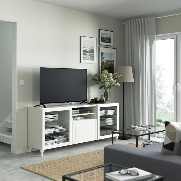BESTÅ - BESTÅ TV bench with drawers, white/Smeviken/Kabbarp white clear glass, 180x42x74 cm