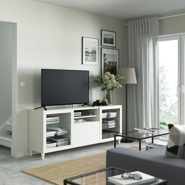 BESTÅ TV bench with drawers, white/Sutterviken/Kabbarp white clear glass, 180x42x74 cm