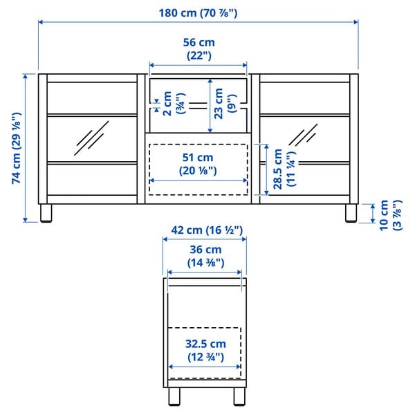 Ikea BESTÅ - TV bench with drawers, white/Sutterviken/Kabbarp white clear glass, 180x42x74 cm
