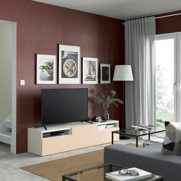 Ikea BESTÅ - TV bench with drawers and door, white/Björköviken birch veneer, 180x42x39 cm