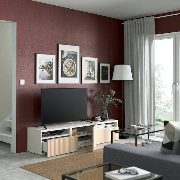 Ikea BESTÅ - TV bench with drawers and door, white/Björköviken birch veneer, 180x42x39 cm