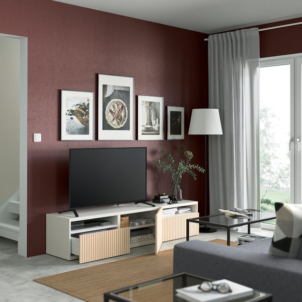 BESTÅ - BESTÅ TV bench with drawers and door, white/Björköviken birch veneer, 180x42x39 cm