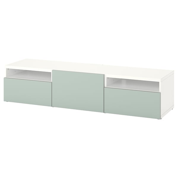 BESTÅ TV bench with drawers and door, white/Hjortviken pale grey-green, 180x42x39 cm