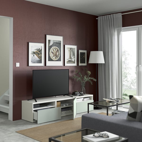 BESTÅ TV bench with drawers and door, white/Hjortviken pale grey-green, 180x42x39 cm