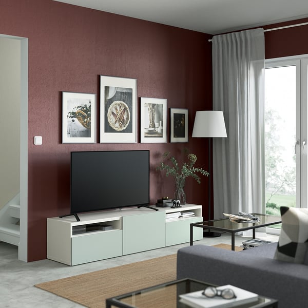 BESTÅ TV bench with drawers and door, white/Hjortviken pale grey-green, 180x42x39 cm