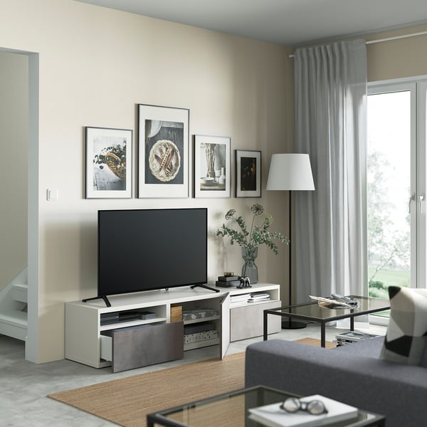 BESTÅ - BESTÅ TV bench with drawers and door, white/Kallviken light grey, 180x42x39 cm