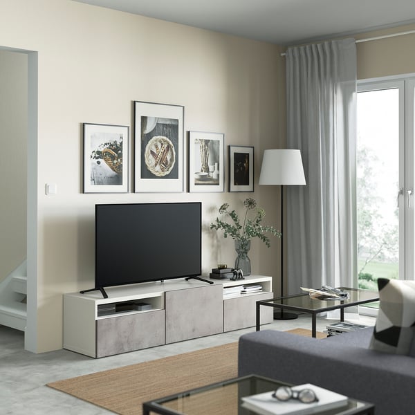 BESTÅ TV bench with drawers and door, white/Kallviken light grey, 180x42x39 cm
