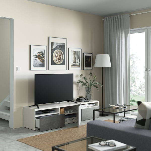 BESTÅ TV bench with drawers and door, white/Kallviken dark grey, 180x42x39 cm