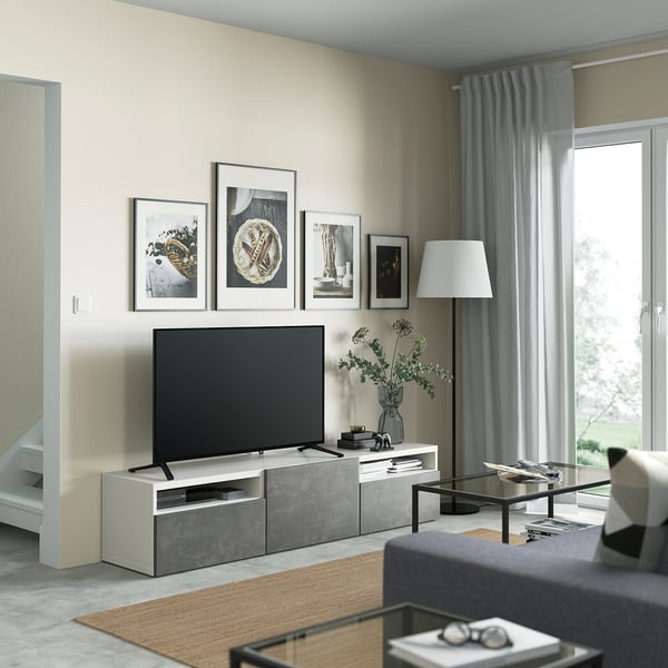 BESTÅ - BESTÅ TV bench with drawers and door, white/Kallviken dark grey, 180x42x39 cm