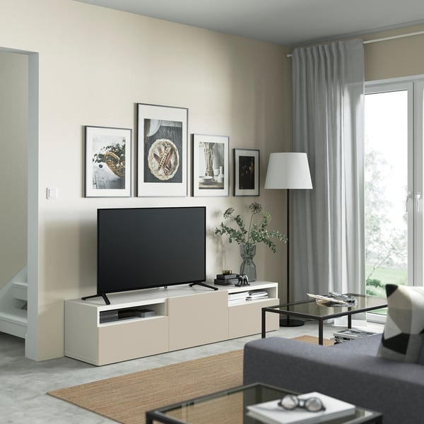 BESTÅ - BESTÅ TV bench with drawers and door, white/Lappviken light grey/beige, 180x42x39 cm