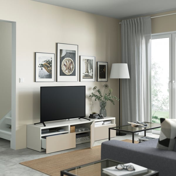 BESTÅ - BESTÅ TV bench with drawers and door, white/Lappviken light grey/beige, 180x42x39 cm