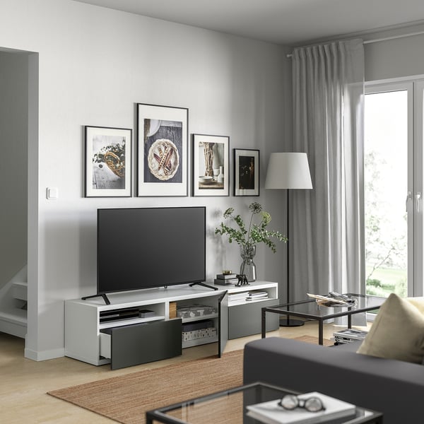 BESTÅ - BESTÅ TV bench with drawers and door, white/Lappviken dark grey, 180x42x39 cm
