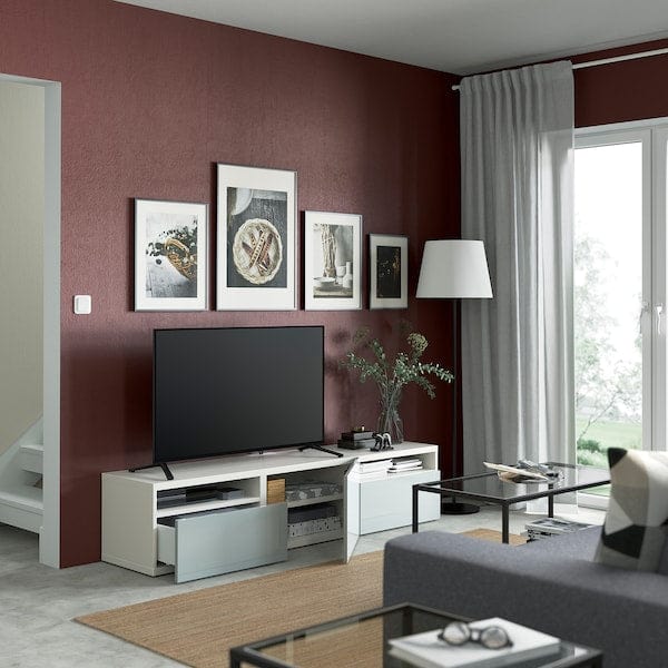 Ikea BESTÅ - TV bench with drawers and door, white/Selsviken light grey-blue, 180x42x39 cm