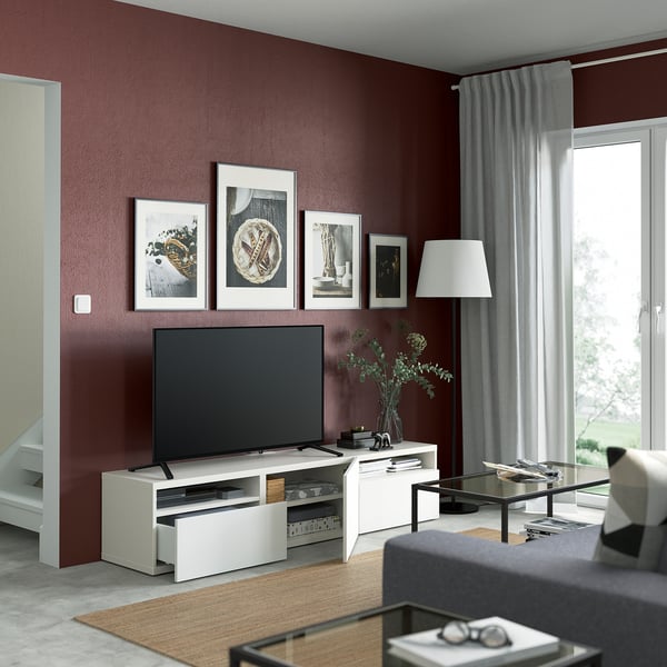 BESTÅ - TV bench with drawers and door, white/Timmerviken white, 180x42x39 cm