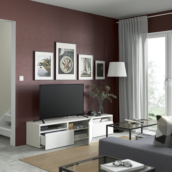 BESTÅ - BESTÅ TV bench with drawers and door, white/Västerviken white, 180x42x39 cm