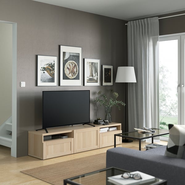 BESTÅ TV bench with drawers and door, white stained oak effect/Hanviken white stained oak effect, 180x42x39 cm