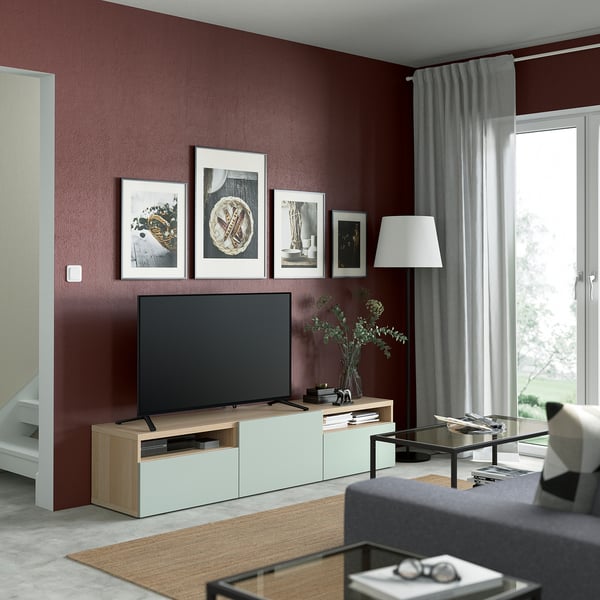 BESTÅ TV bench with drawers and door, white stained oak effect/Hjortviken pale grey-green, 180x42x39 cm