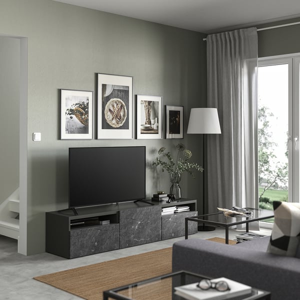 BESTÅ - TV bench with drawers and door, dark grey/Bergsviken black, 180x42x39 cm
