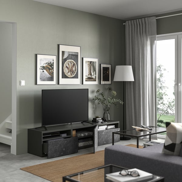 BESTÅ - TV bench with drawers and door, dark grey/Bergsviken black, 180x42x39 cm