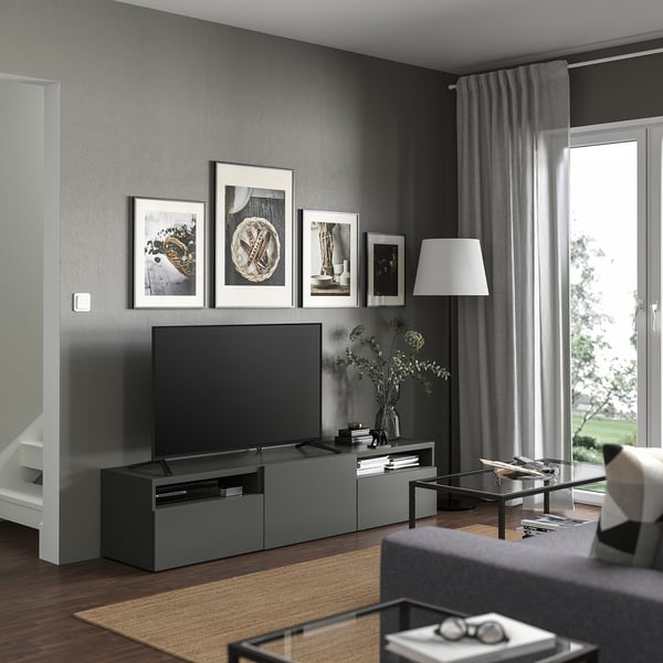 BESTÅ TV bench with drawers and door, dark grey/Hjortviken pale grey-green, 180x42x39 cm