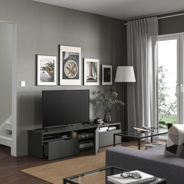 BESTÅ TV bench with drawers and door, dark grey/Hjortviken pale grey-green, 180x42x39 cm