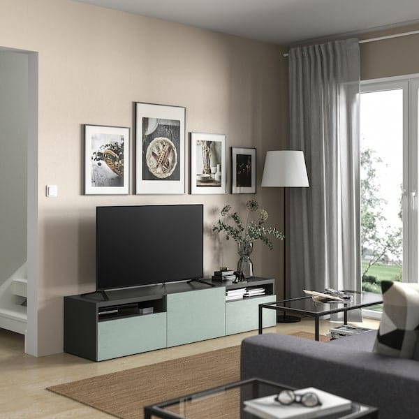 Ikea BESTÅ - TV bench with drawers and door, dark grey/Hjortviken pale grey-green, 180x42x39 cm