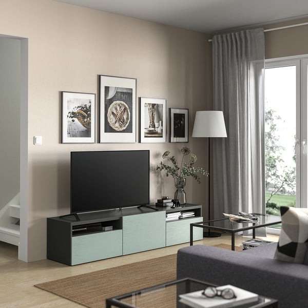 BESTÅ TV bench with drawers and door, dark grey/Hjortviken pale grey-green, 180x42x39 cm