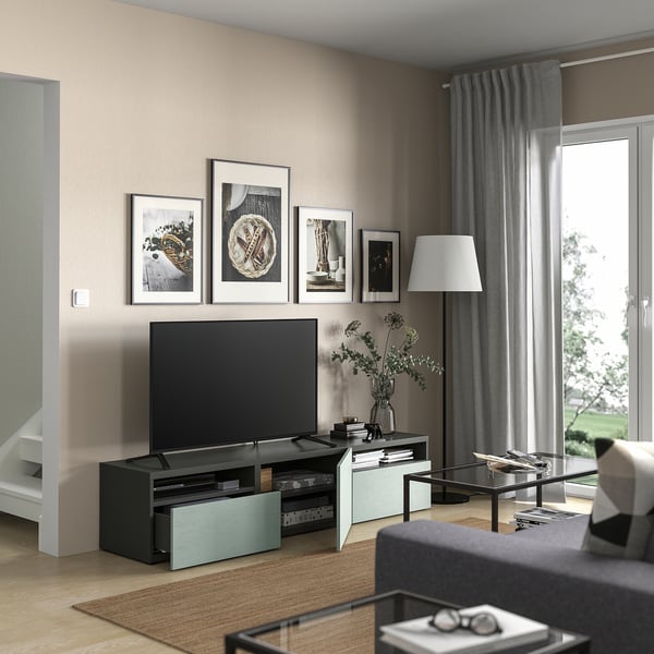 BESTÅ TV bench with drawers and door, dark grey/Hjortviken pale grey-green, 180x42x39 cm