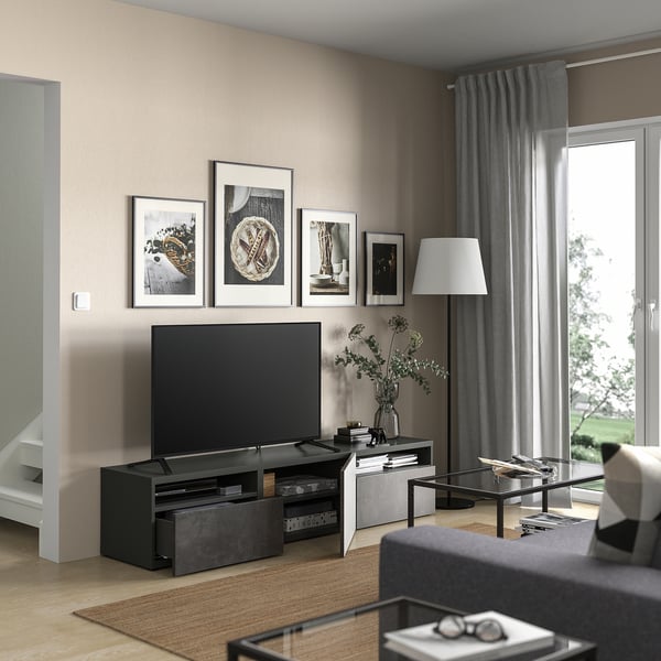 BESTÅ - BESTÅ TV bench with drawers and door, dark grey/Kallviken dark grey, 180x42x39 cm