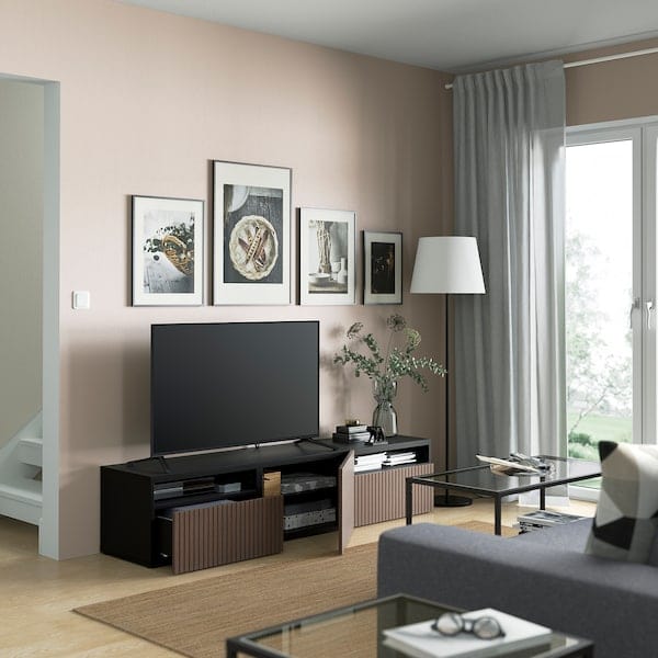 Ikea BESTÅ - TV bench with drawers and door, black-brown Björköviken/brown stained oak veneer, 180x42x39 cm