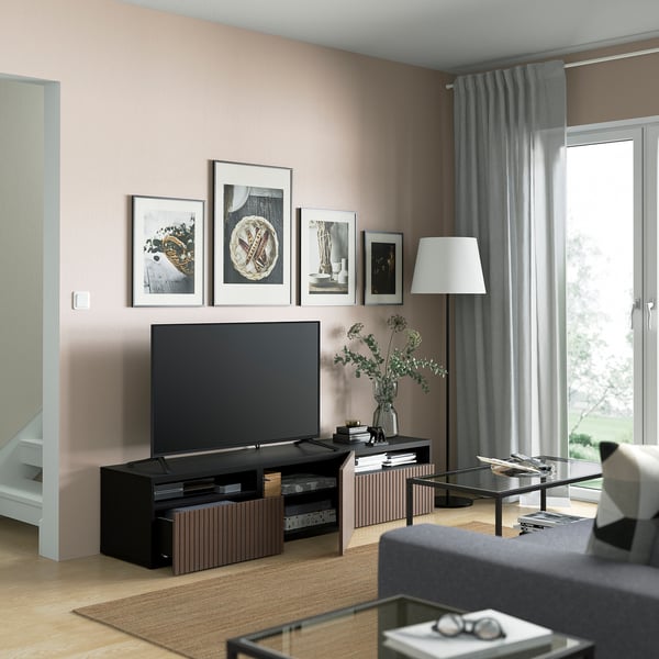 BESTÅ - BESTÅ TV bench with drawers and door, black-brown Björköviken/brown stained oak veneer, 180x42x39 cm