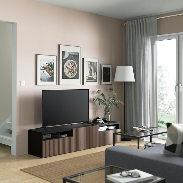 BESTÅ - BESTÅ TV bench with drawers and door, black-brown Björköviken/brown stained oak veneer, 180x42x39 cm